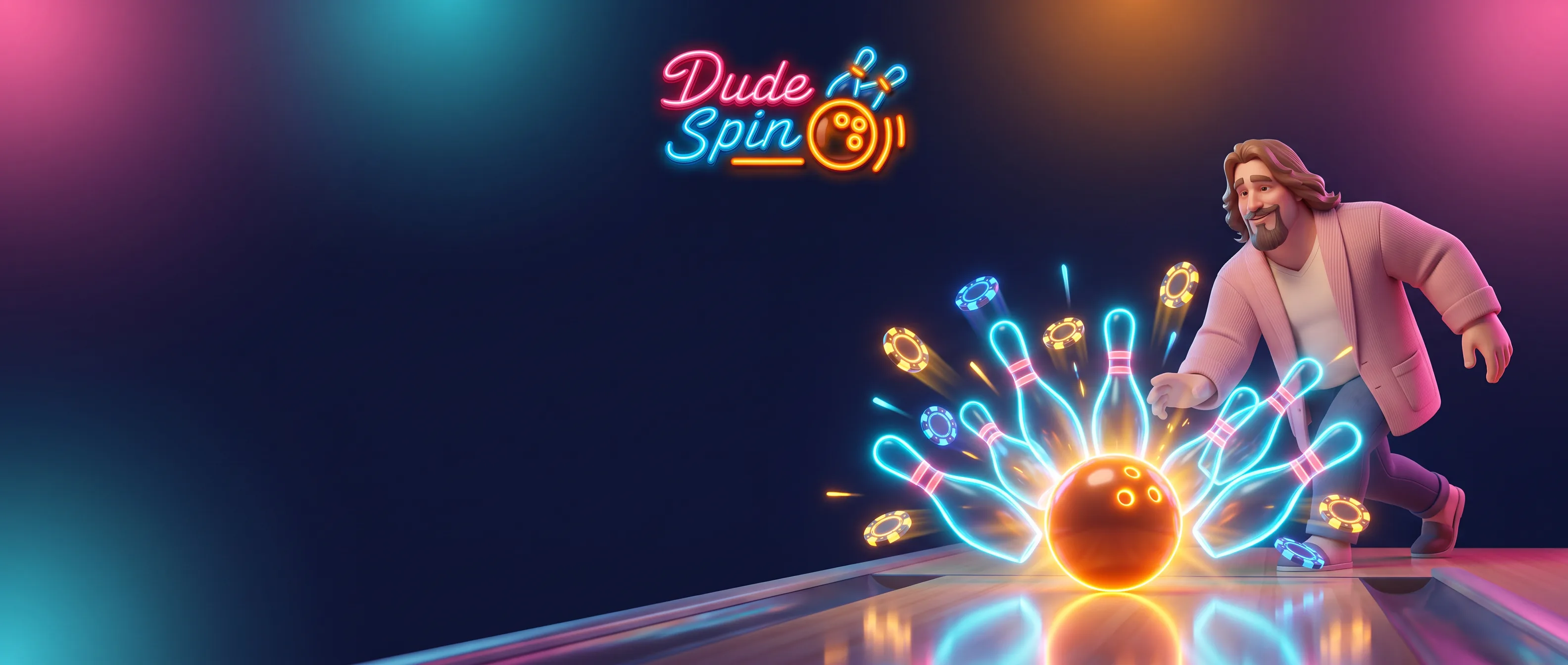 Dude Spin met een neon bowlingbal, kegels en casinofiches