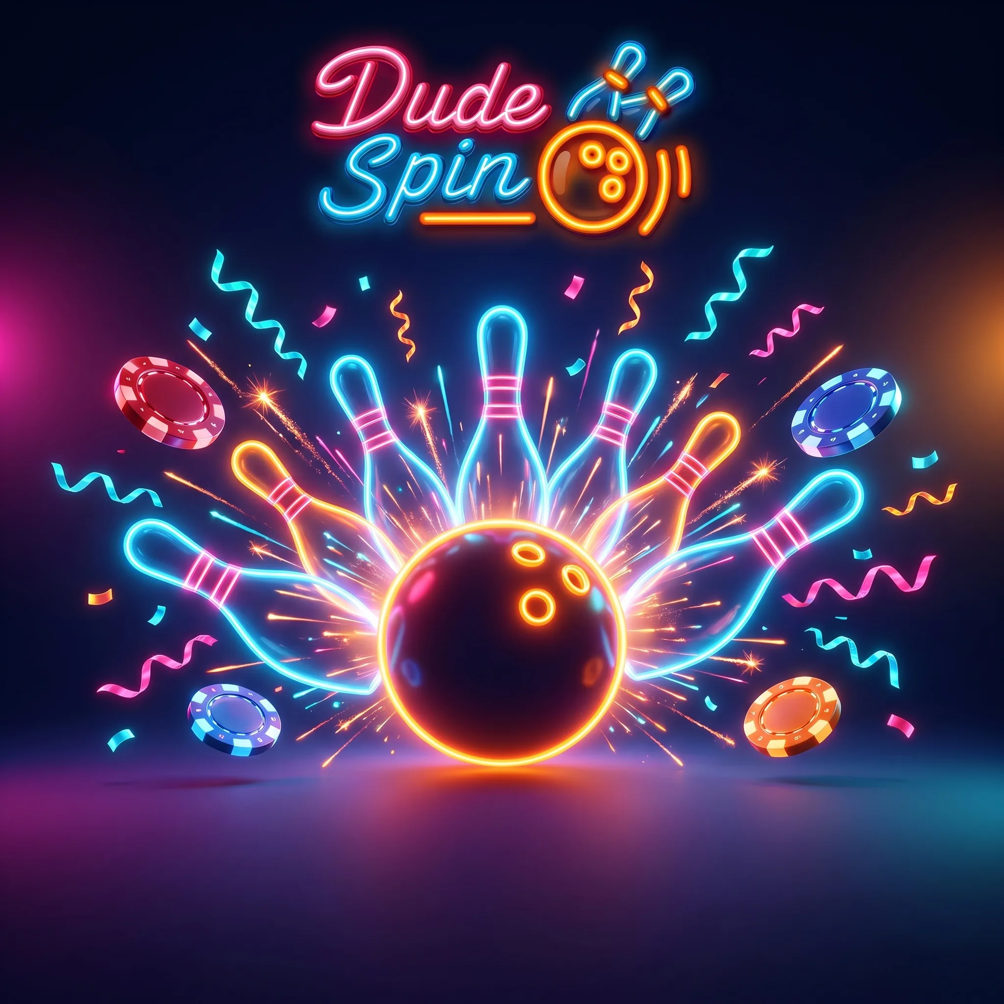 Dude Spin welkomstbonus met neon kegels, een bowlingbal en casinofiches
